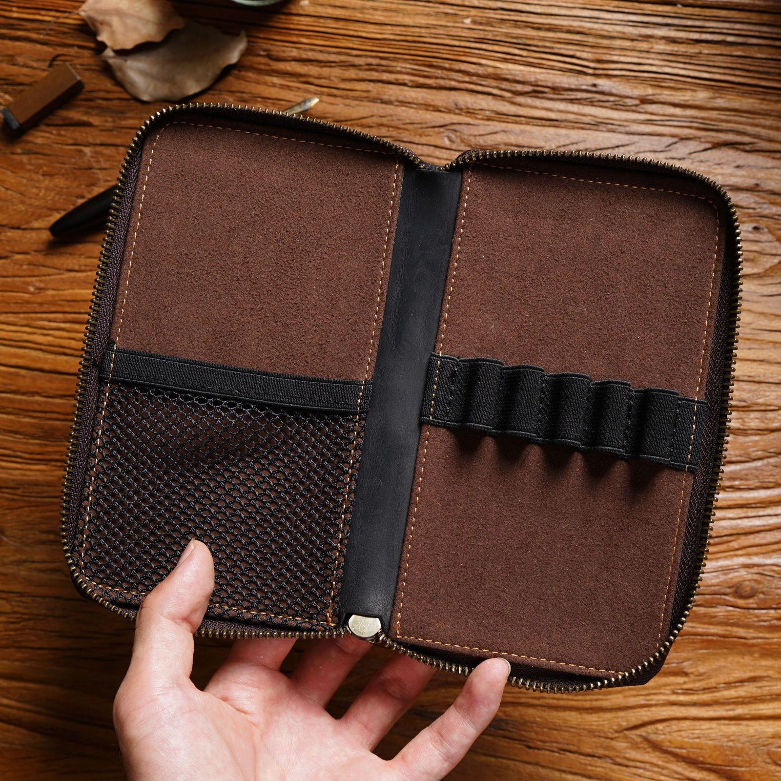 Blue Genuine Crazy Horse Leather Fountain Pen Case Zippered Organiser Pouch with 5 Elastic Loops & Mesh Pocket Vintage Stationery Holder