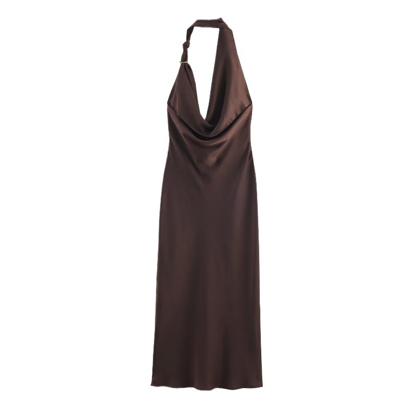 XS Elegant Halter Neck Satin Midi Dress - Sexy Asymmetric Draped Evening Gown with Metal Hardware Accent for Women