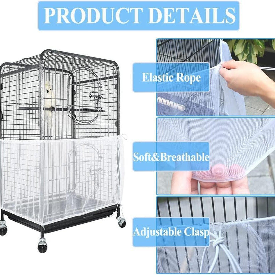 S White Star【Height 17, Circumference 110】 Large Bird Cage Seed Catcher Net Cover - Adjustable Mesh Guard Splash-Proof Dust Cover for Indoor Outdoor Cages