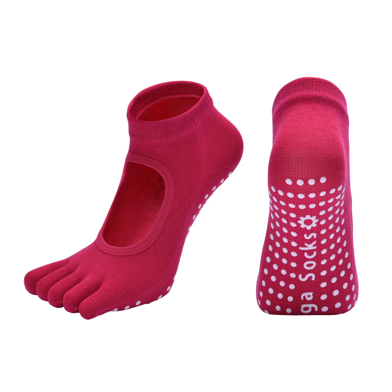 Rose Red 3-Pack Women's Non-Slip Five-Finger Yoga Socks - Open Back Combed Cotton Pilates & Fitness Grip Socks for Professional Exercise