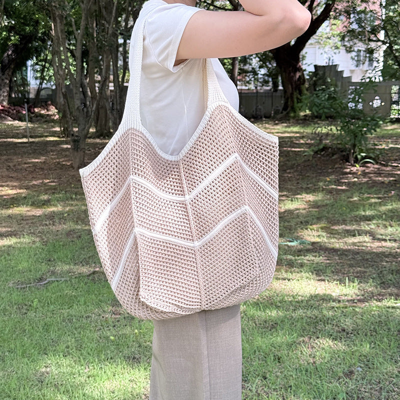 Khaki Bohemian Chic Knit Tote Bag | Large Capacity Chevron Weave Shoulder Bag | Fashionable Casual Mesh Carryall