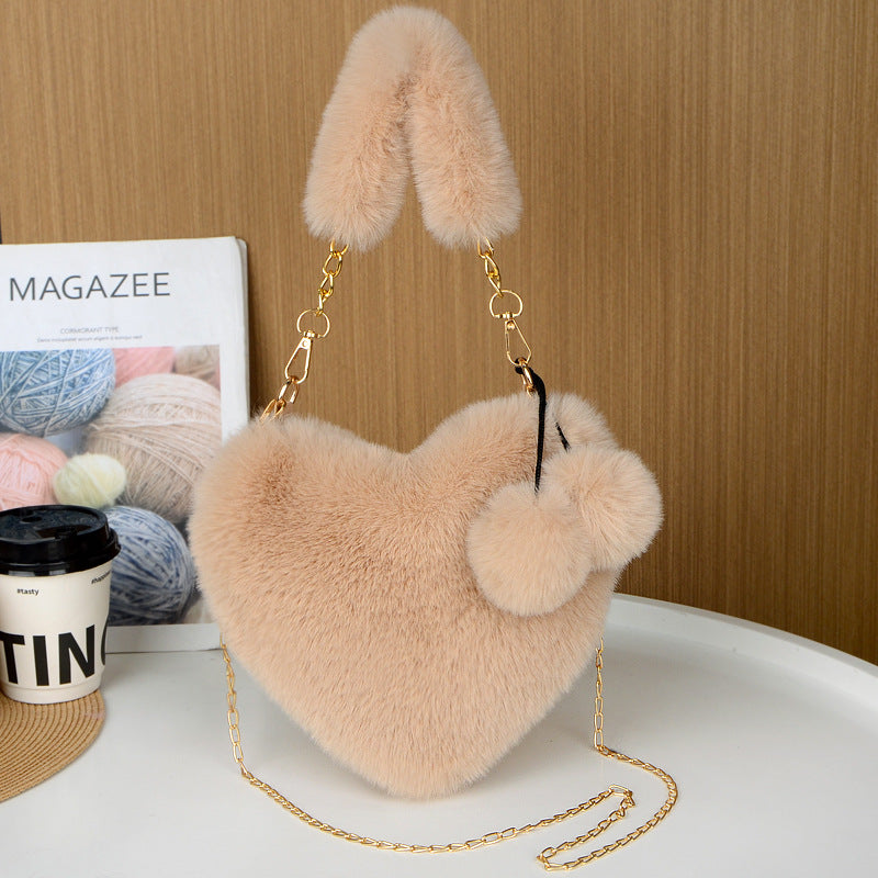 Khaki 2PCS Luxury Faux Rabbit Fur Heart-Shaped Handbag | Adorable Plush Crossbody Shoulder Bag | Fashionable Statement Piece