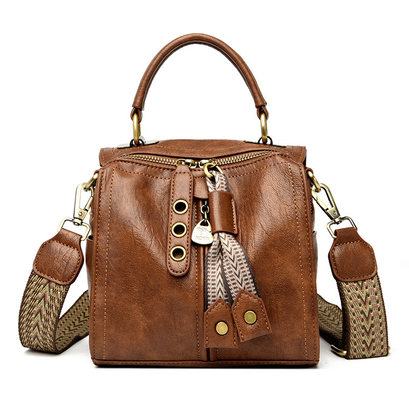 Brown Vintage Look PU Leather Box Bag | Stylish Top Handle Crossbody Tote | Multi-Carry Bucket Bag with Wide Strap