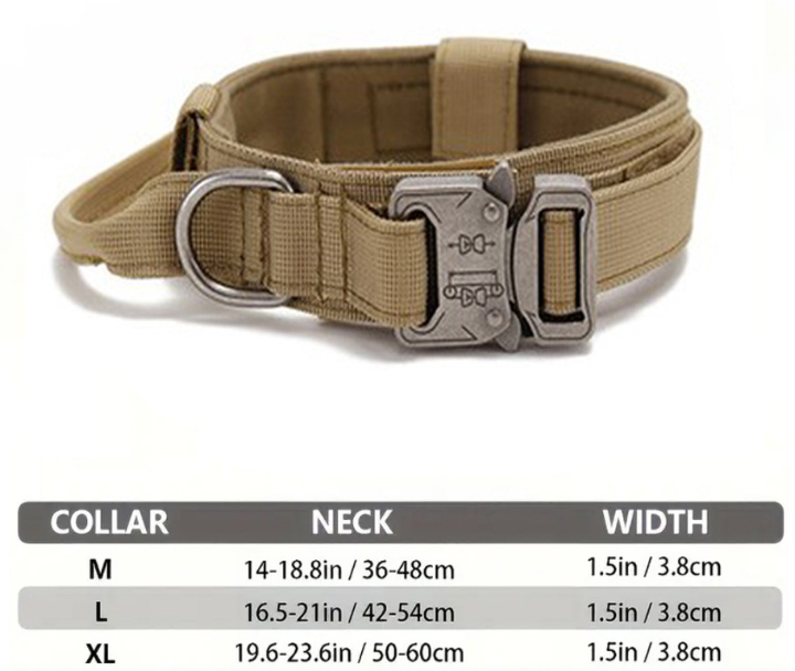 L Khaki Heavy Duty Tactical Dog Collar | Military Grade Nylon with Zinc Alloy Quick-Release Buckle | Padded Training Collar for Medium to Large Breeds