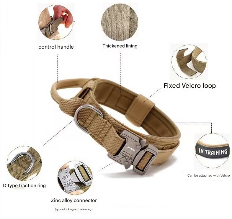 L Khaki Heavy Duty Tactical Dog Collar | Military Grade Nylon with Zinc Alloy Quick-Release Buckle | Padded Training Collar for Medium to Large Breeds