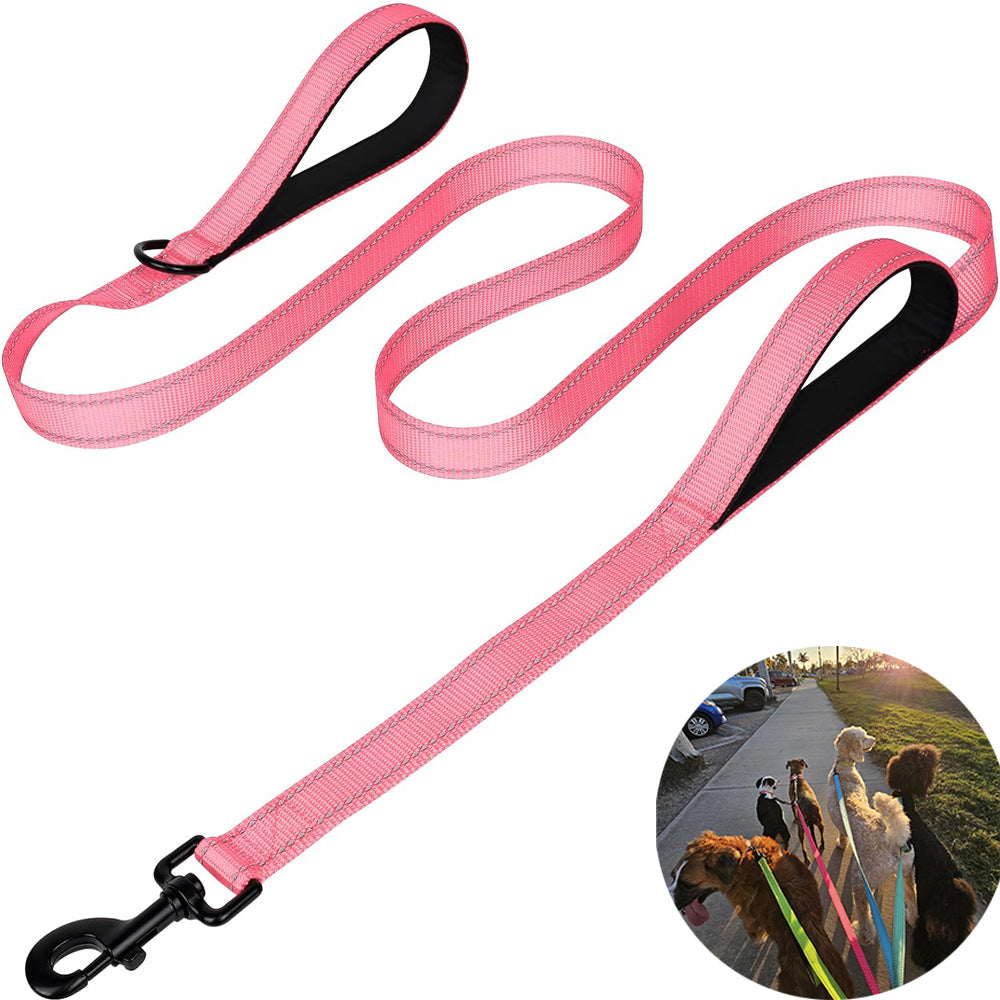 Pink 2.5 Meter Heavy Duty Reflective Dog Leash | Double Padded Traffic Handle | Anti-Chafe Tightly Woven Nylon for Large Dogs