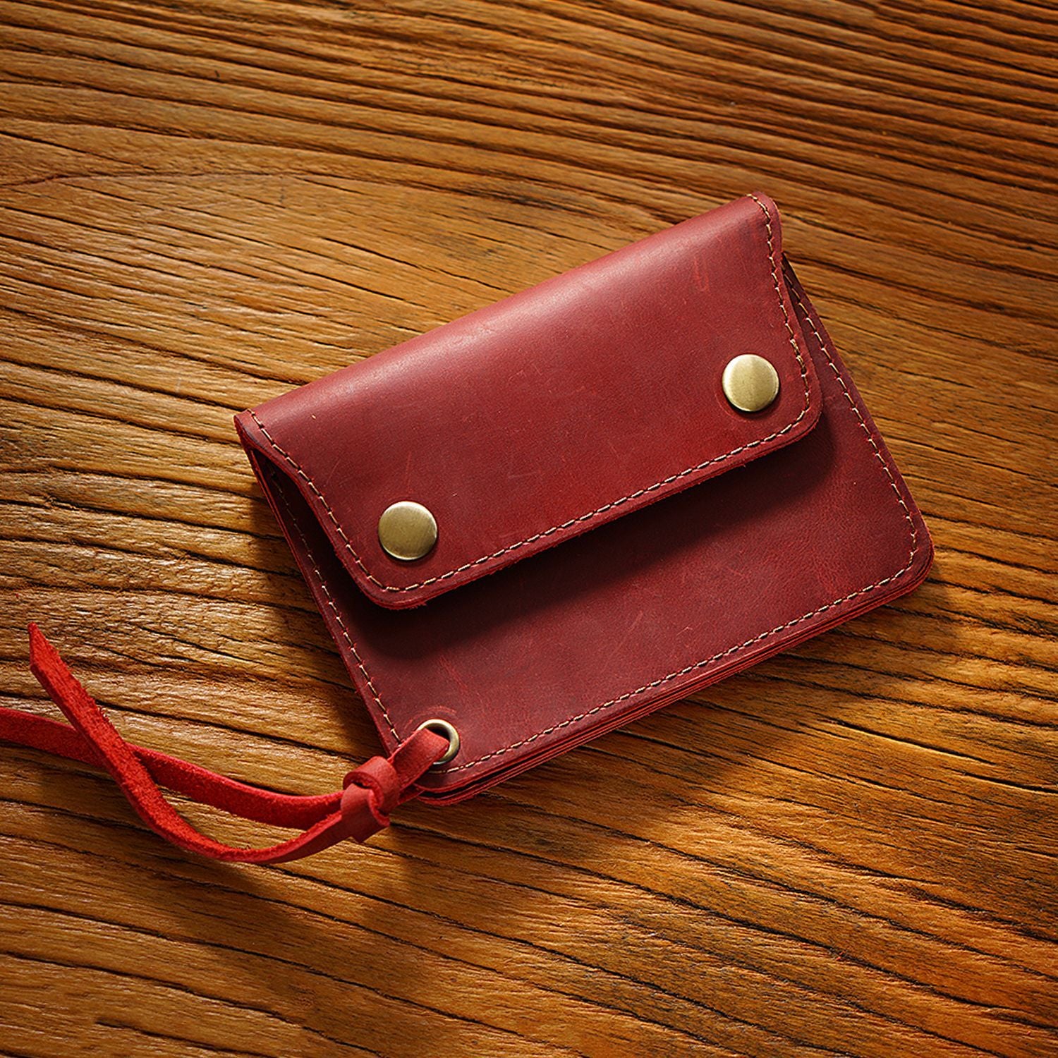 Wine Red Handmade Crazy Horse Leather Wallet Vintage Coin Purse Zipper Card Holder with Strap Snap Closure Top Layer Cowhide 12cm