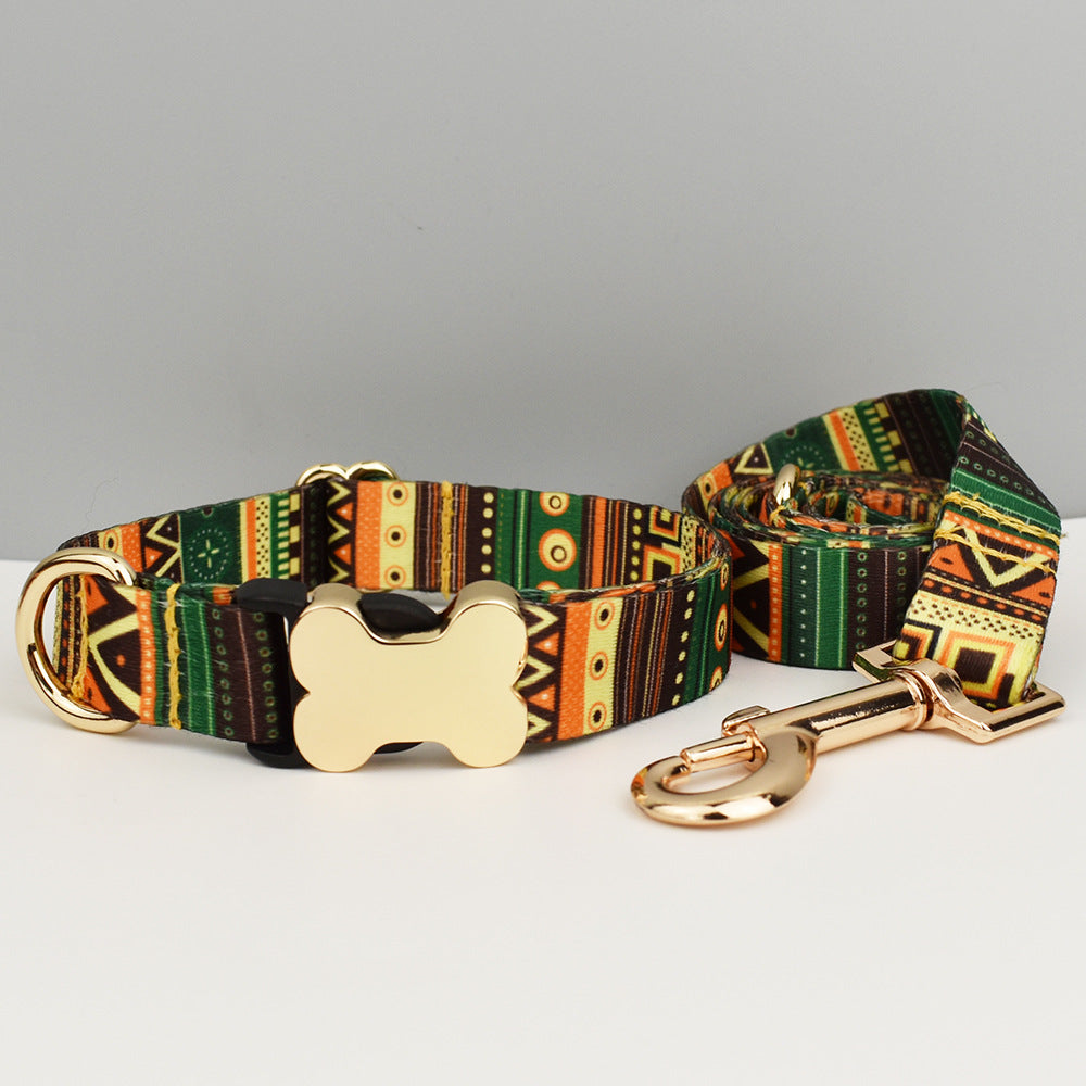 L Green-yellow Print Boho Patterned Dog Collar with Gold Metal Bone Buckle Adjustable Tribal & Leopard Print Neck Strap for Puppies & Dogs