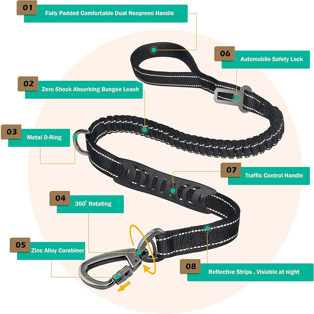 Rose Red Heavy Duty Elastic Bungee Dog Leash | Anti-Pull Safety Shock Absorber | Multi-Functional Training Lead for Medium to Large Dogs