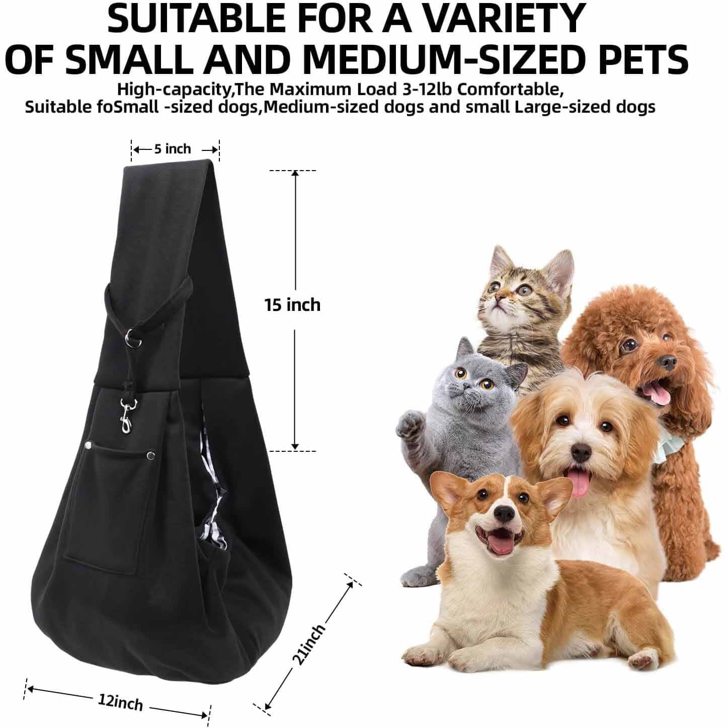 Black Portable Pet Carrier Backpack - Adjustable Shoulder Sling for Small Dogs & Cats (69.85 x 59.94 x 39.88cm) - Breathable Outdoor Travel Bag