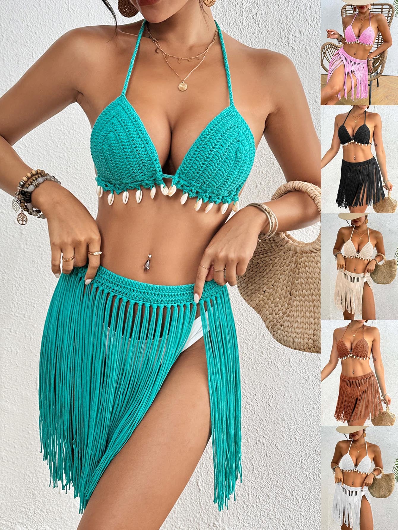 Brown Women's Hand-Crocheted Two-Piece Bikini Set with Shell Accents and Tassel Skirt