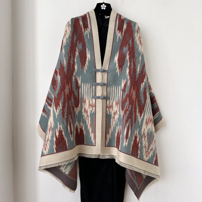 Blue and Dark Red New Style Buttoned Shawl – Double-Sided Winter Scarf with Ethnic Pattern, Faux Cashmere Feel for Travel and Fashion