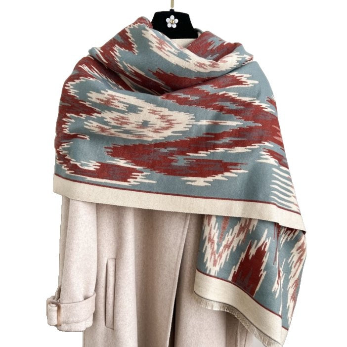 Blue and Dark Red New Style Buttoned Shawl – Double-Sided Winter Scarf with Ethnic Pattern, Faux Cashmere Feel for Travel and Fashion