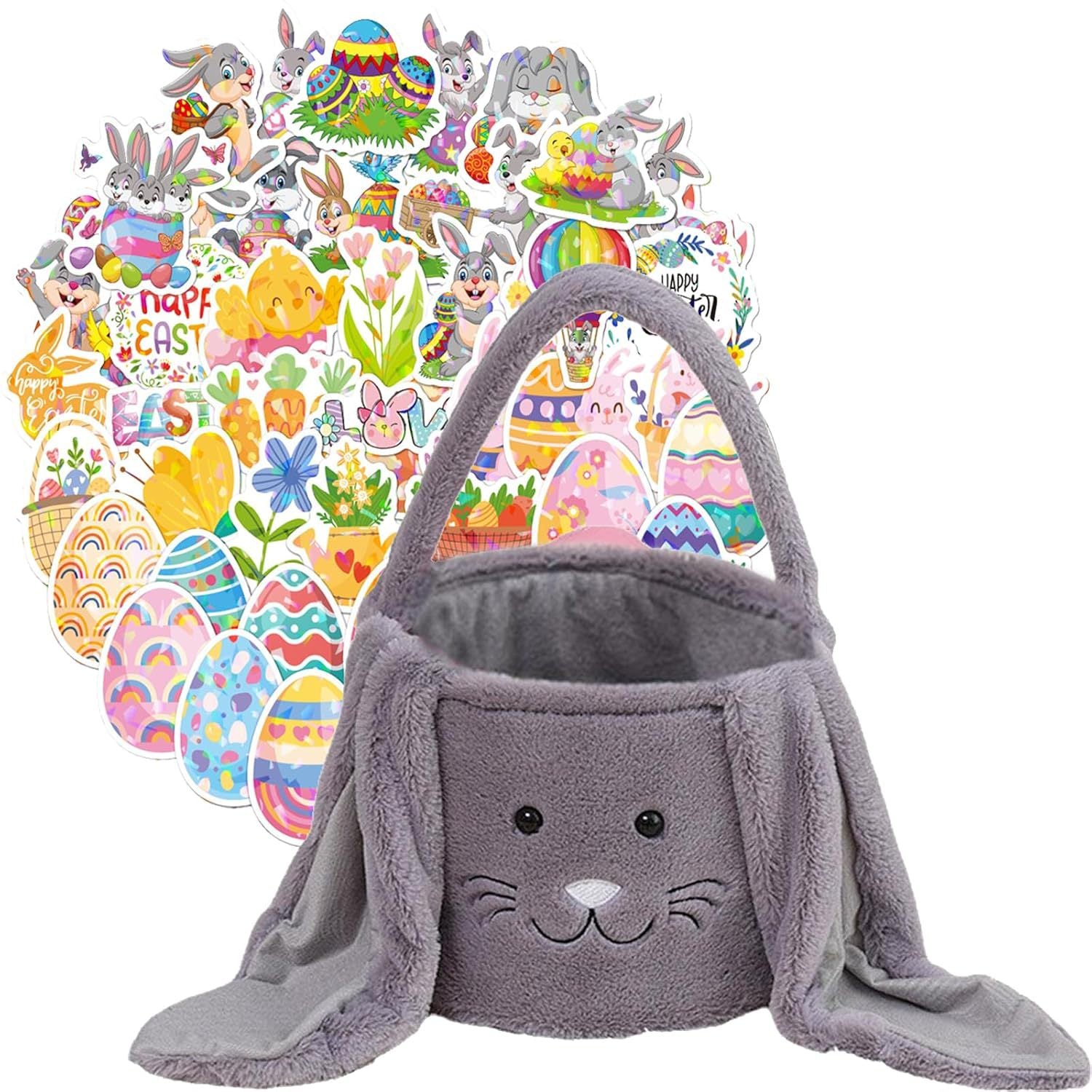 Pink Cute Plush Bunny Easter Basket with Long Ears and Personalization Option for Kids Egg Hunt and Spring Celebration