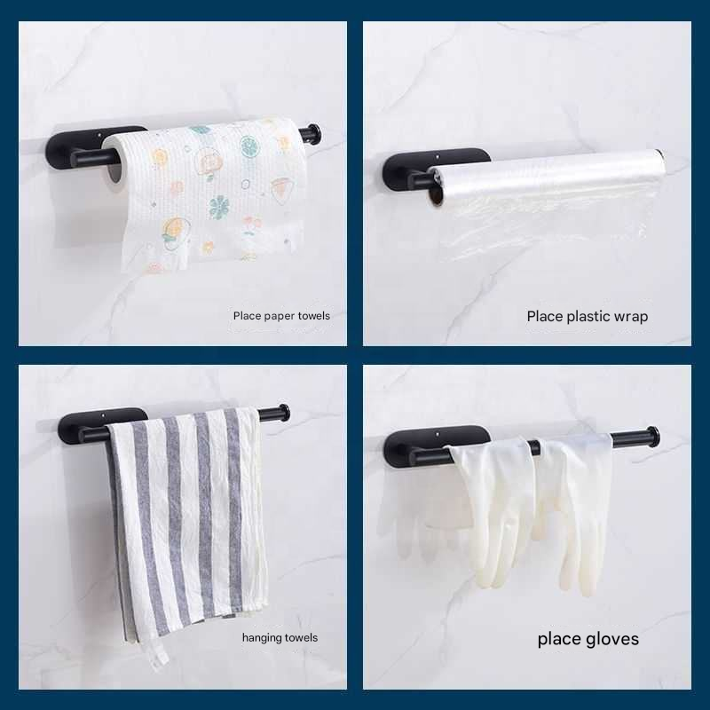 Black Stainless Steel Kitchen Paper Holder with Adhesive Mounting – Under Cabinet Tissue Roll Rack for Paper Towels, Toilet Paper or Plastic Wrap