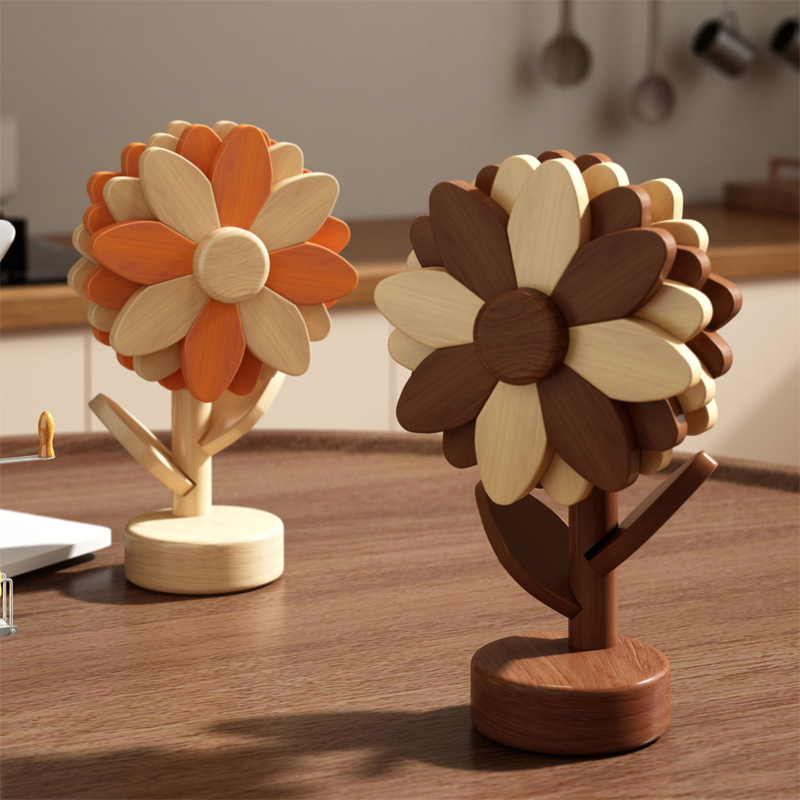 5-Piece Floral-Shaped Trivet Set with Stand – Wooden Heat Resistant Pad for Table, Dish, Pot or Cup(Warm orange and beech wood two-tone)