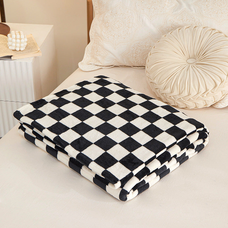 Black and white check Double-Sided Plaid Fleece Blanket – 100×150cm Machine Washable, No-Shedding Flannel Throw for Office, Air Conditioning & Nap Use