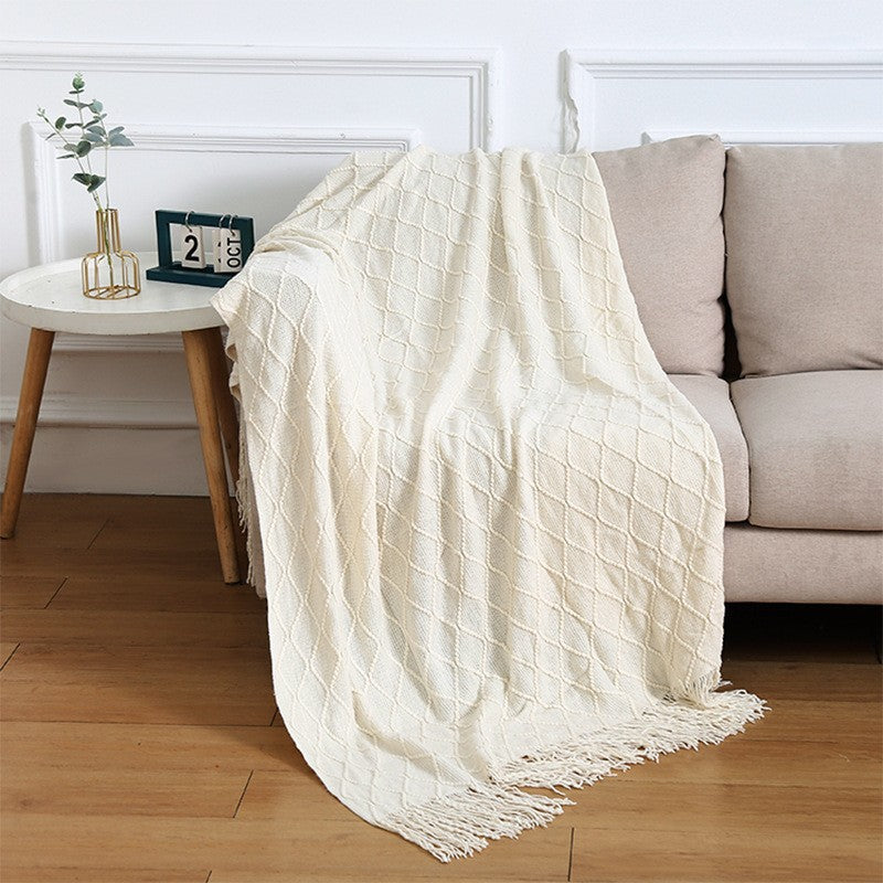Beige Nordic Minimalist Knit Throw Blanket – 127×180cm Lightweight, Soft & Breathable Fleece-like Fabric with Tassel Edges for Sofa, Bed, Yoga & Air Conditioning Use