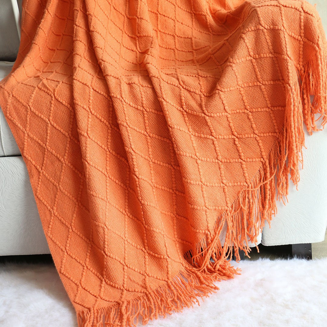 Orange-red Nordic Minimalist Knit Throw Blanket – 127×180cm Lightweight, Soft & Breathable Fleece-like Fabric with Tassel Edges for Sofa, Bed, Yoga & Air Conditioning Use