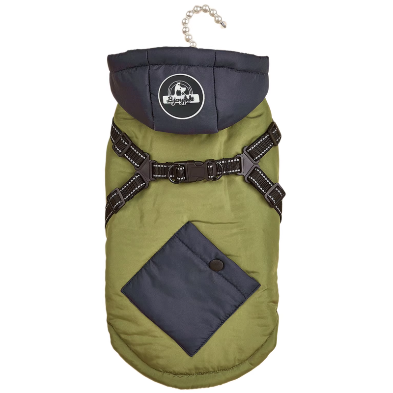 Green Thickened Winter Dog Coat with Reflective Strips – Waterproof, Windproof Pet Jacket for Small to Medium Dogs, Adjustable Fit with Detachable Leash Hook and Decorative Velcro Patch(Size: S)