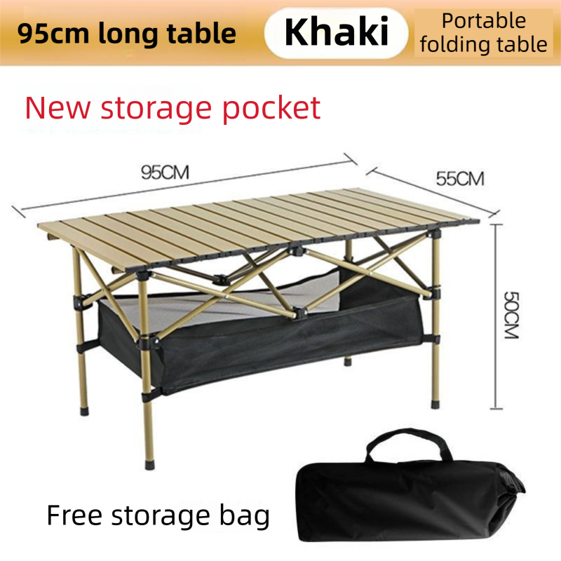 95CM Khaki Portable Folding Egg Roll Camping Table + 4-Pack 36CM Chairs with Storage Bag & Mesh Net- Heavy-Duty Carbon Steel Picnic Table for 4-6 People