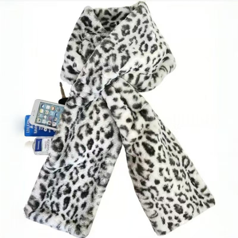 Leopard Print Soft Faux Fur Scarf with 15x20CM Hidden Zipper Pocket - Anti-Theft Travel Scarf for Phone, Passport and Essentials