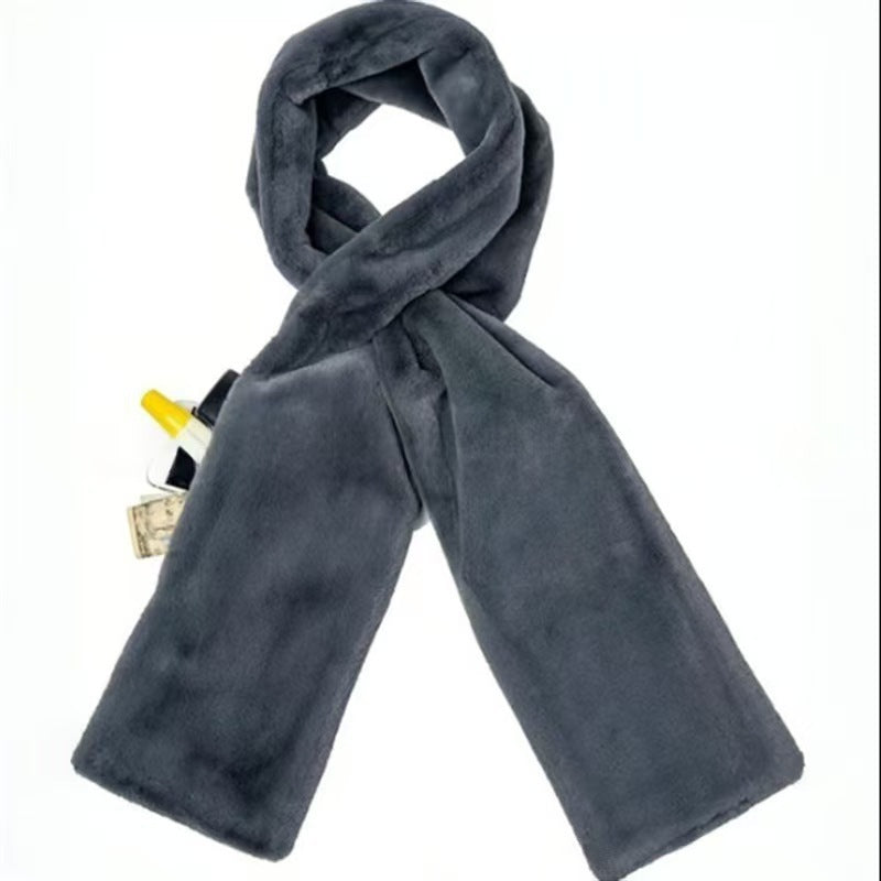 Grey Soft Faux Fur Scarf with 15x20CM Hidden Zipper Pocket - Anti-Theft Travel Scarf for Phone, Passport and Essentials