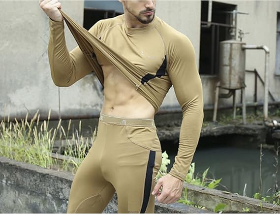 2-Pack L Size Men's Tactical 4-Way Stretch Fleece Lined Thermal Underwear Set(Khaki + Green) - Winter Sweat-Wicking & Breathable Sportswear for Training & Outdoors
