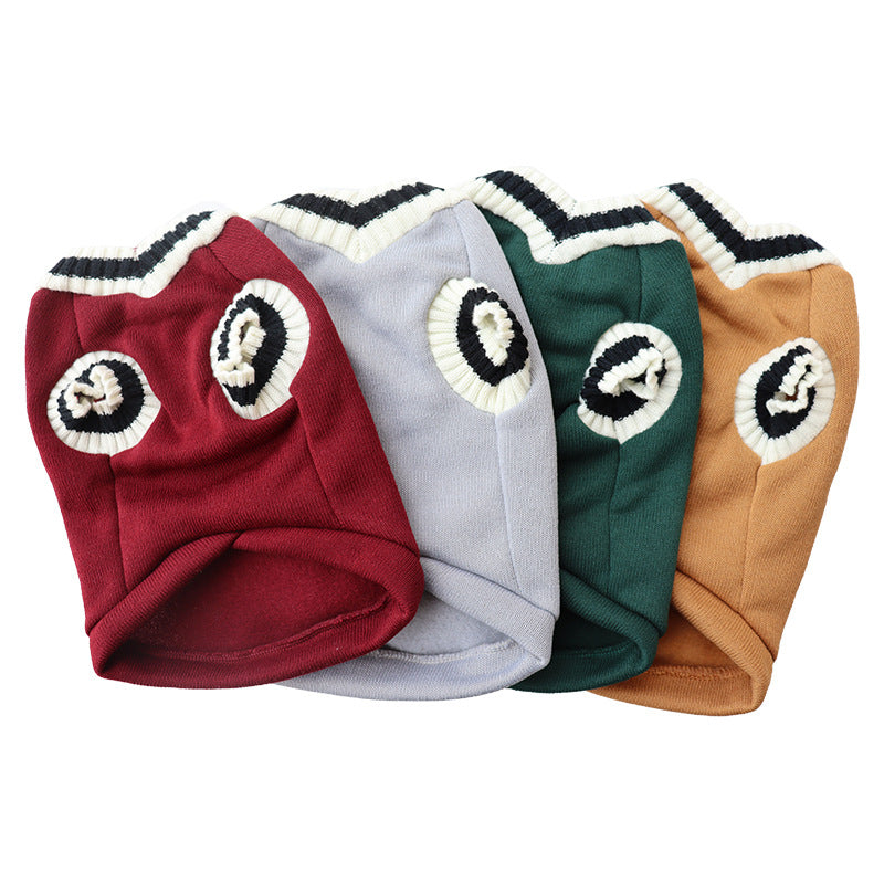 4-Pack M Size Preppy Style V-Neck Knitted Cotton Pet Sweater - Hair-Resistant & Breathable, Classic Fleece-Lined Pullover for Cats and Dogs(Green + Red + Khaki + Grey)