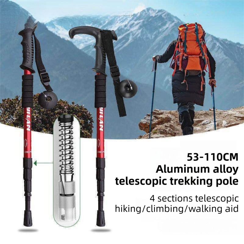 53-110 CM Red Ultralight Telescopic Aluminum Trekking Pole (4-Section Straight Handle) - Professional & Compact Shock-Absorbing Trail Support