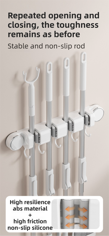 White Vacuum Suction Cup Mop & Broom Holder with 2 Roller Clips + 3 Hooks - Heavy Duty Waterproof Rack for Bathroom & Kitchen