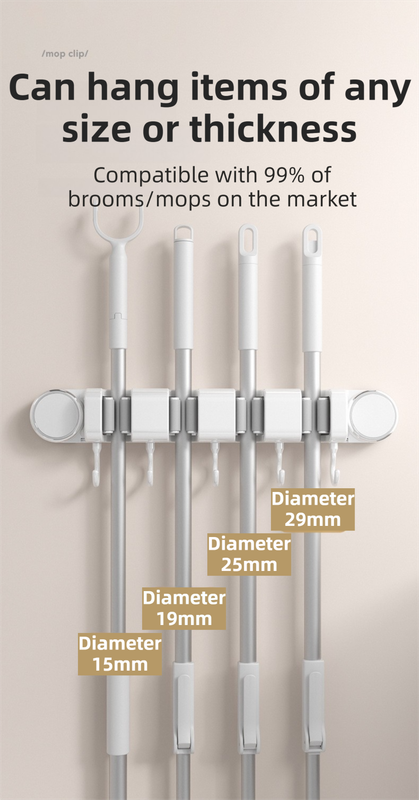 White Vacuum Suction Cup Mop & Broom Holder with 3 Roller Clips + 4 Hooks - Heavy Duty Waterproof Rack for Bathroom & Kitchen