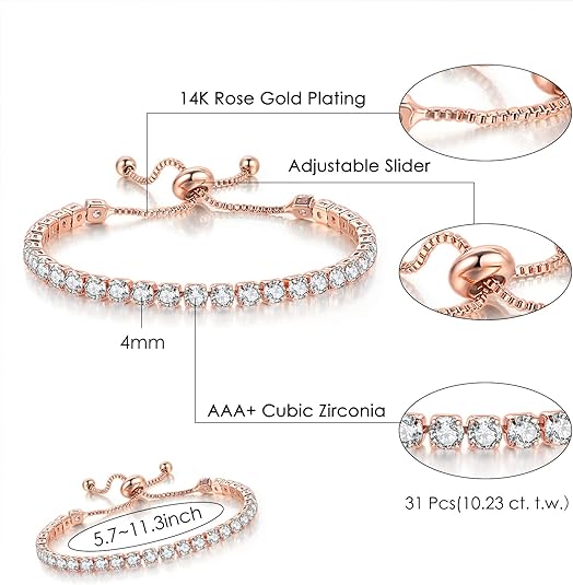Rose Gold High-Sparkle Cubic Zirconia Iced-Out Tennis Bracelet of Single Row & Double Row (5.7" to 11.3") - Minimalist Geometric Dainty Jewelry
