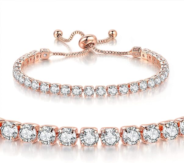 Rose Gold High-Sparkle Cubic Zirconia Iced-Out Tennis Bracelet of Single Row & Double Row (5.7" to 11.3") - Minimalist Geometric Dainty Jewelry