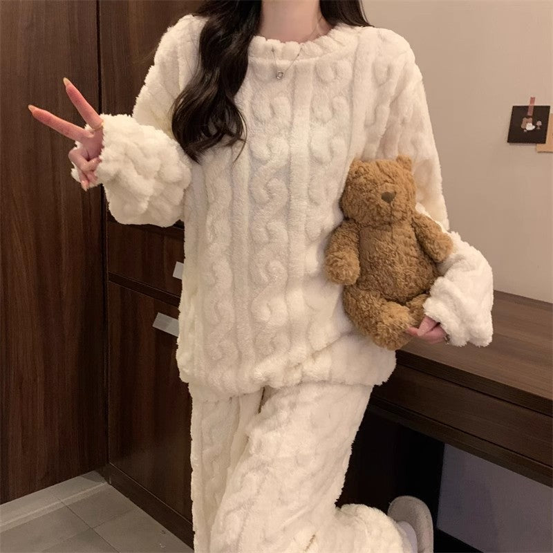 White Coral Fleece Jacquard Thermal Pajama Set — Autumn/Winter Fleece-Lined, Thickened, Casual Loungewear