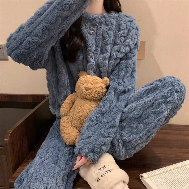 Blue Coral Fleece Jacquard Thermal Pajama Set — Autumn/Winter Fleece-Lined, Thickened, Casual Loungewear
