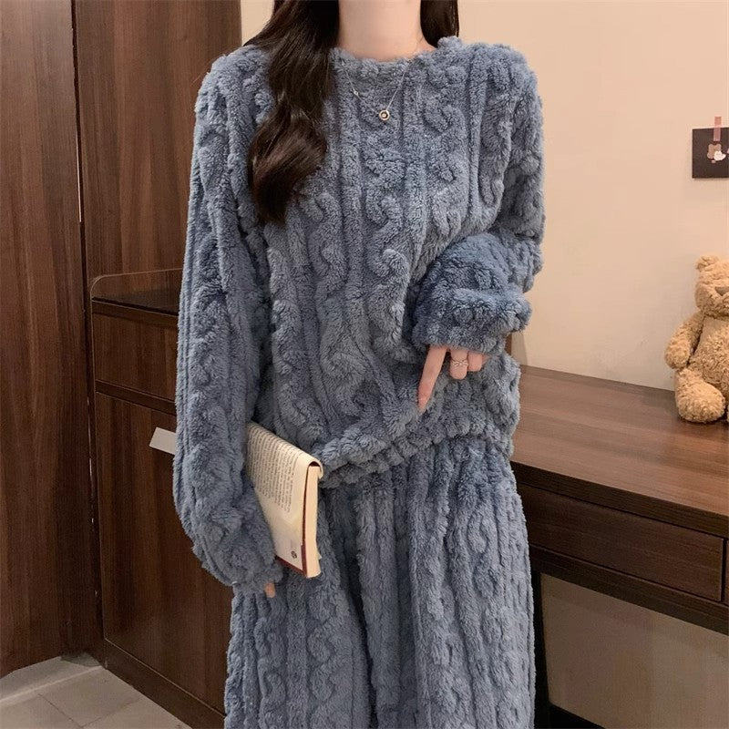 Blue Coral Fleece Jacquard Thermal Pajama Set — Autumn/Winter Fleece-Lined, Thickened, Casual Loungewear