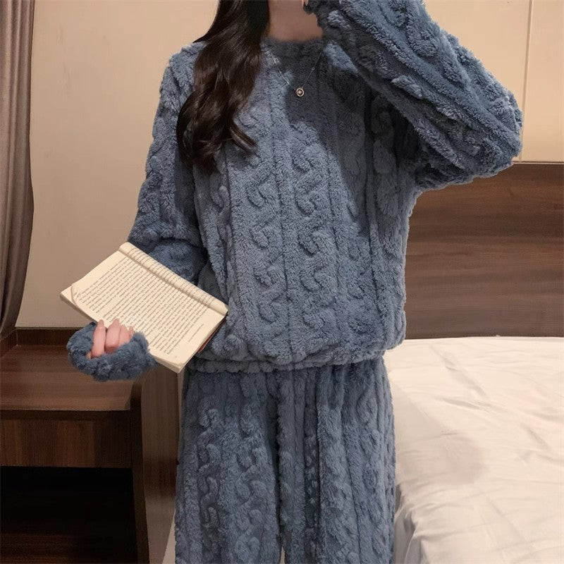 Blue Coral Fleece Jacquard Thermal Pajama Set — Autumn/Winter Fleece-Lined, Thickened, Casual Loungewear