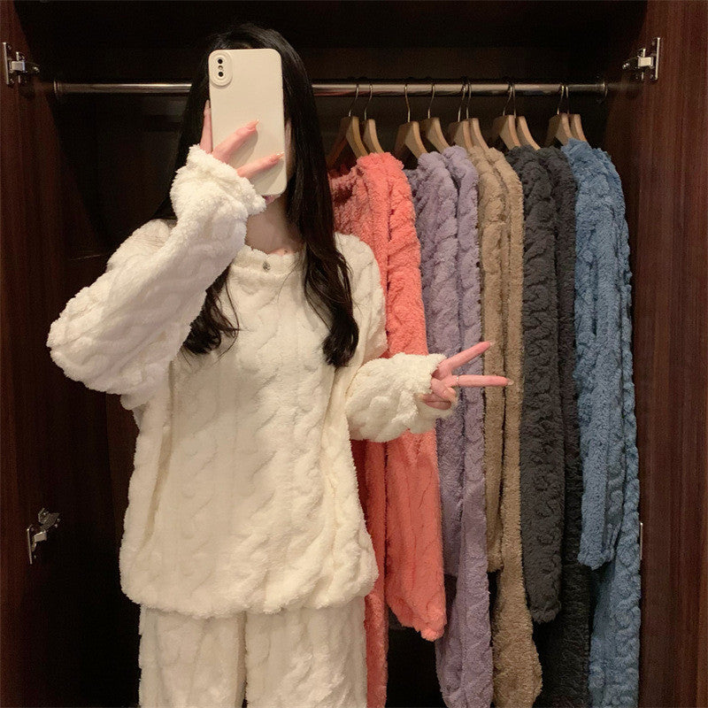 Pink Coral Fleece Jacquard Thermal Pajama Set — Autumn/Winter Fleece-Lined, Thickened, Casual Loungewear
