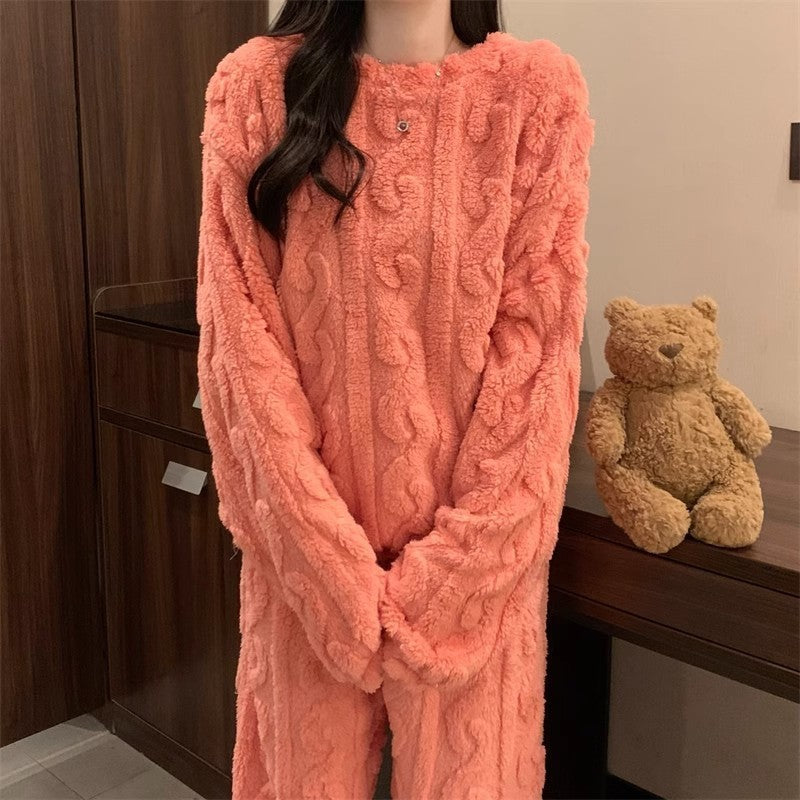 Pink Coral Fleece Jacquard Thermal Pajama Set — Autumn/Winter Fleece-Lined, Thickened, Casual Loungewear