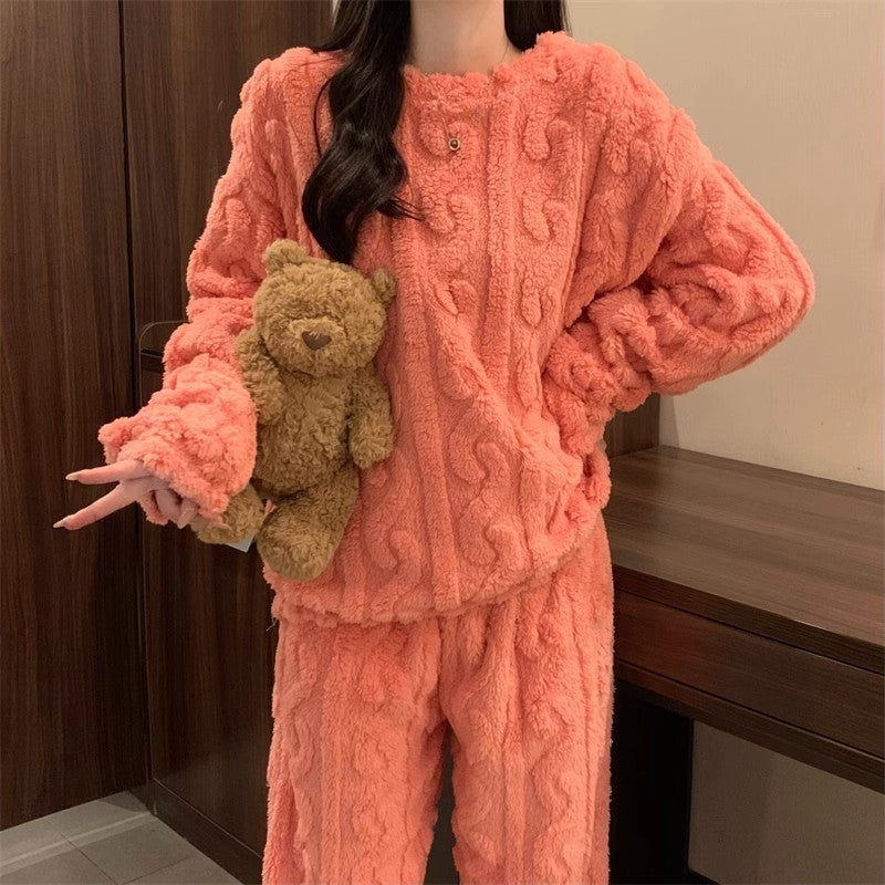 Pink Coral Fleece Jacquard Thermal Pajama Set — Autumn/Winter Fleece-Lined, Thickened, Casual Loungewear