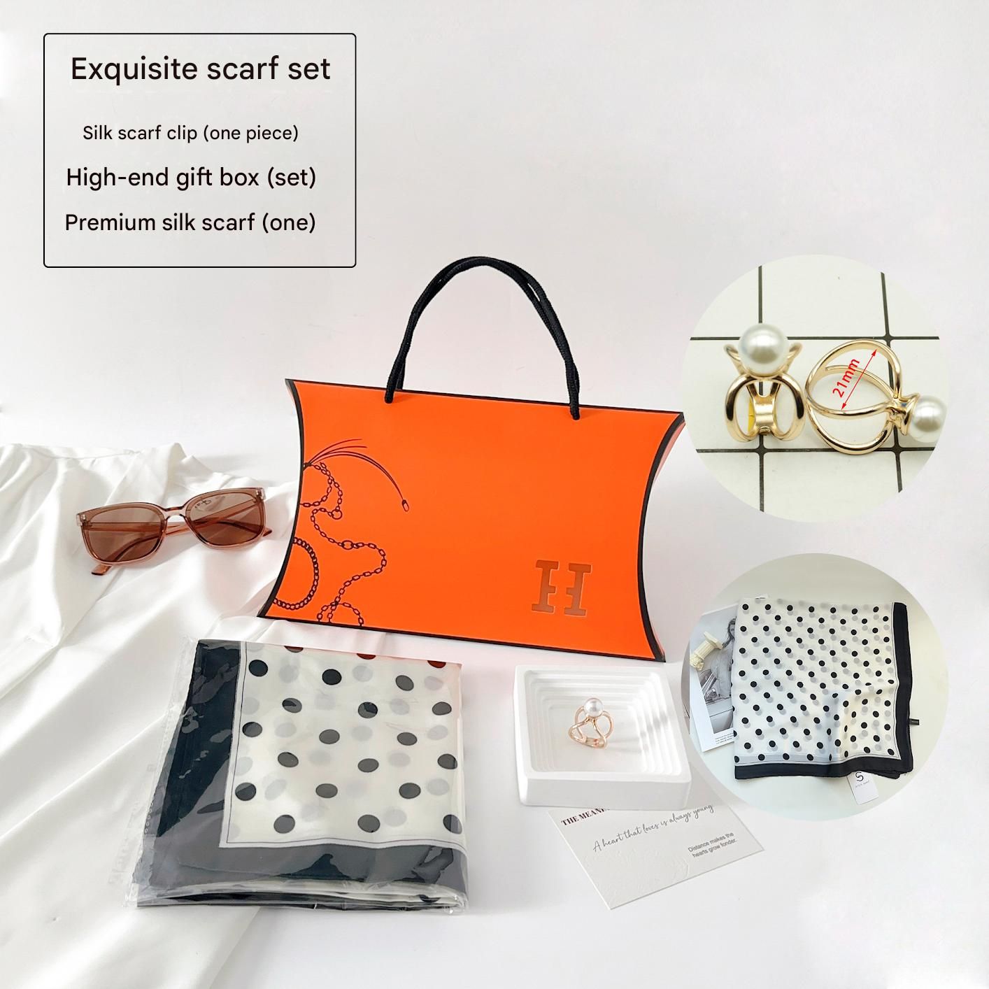 Black Polka-Dot Style Korean Design 70x70cm Imitation Silk Scarf Gift Set for Women - Fashionable Square Scarf with Scarf Ring & Luxury Gift Box, Versatile Neck Scarf for Mum, Grandma, Ladies - Ideal Gift for Mother's Day, Birthday, Anniversary