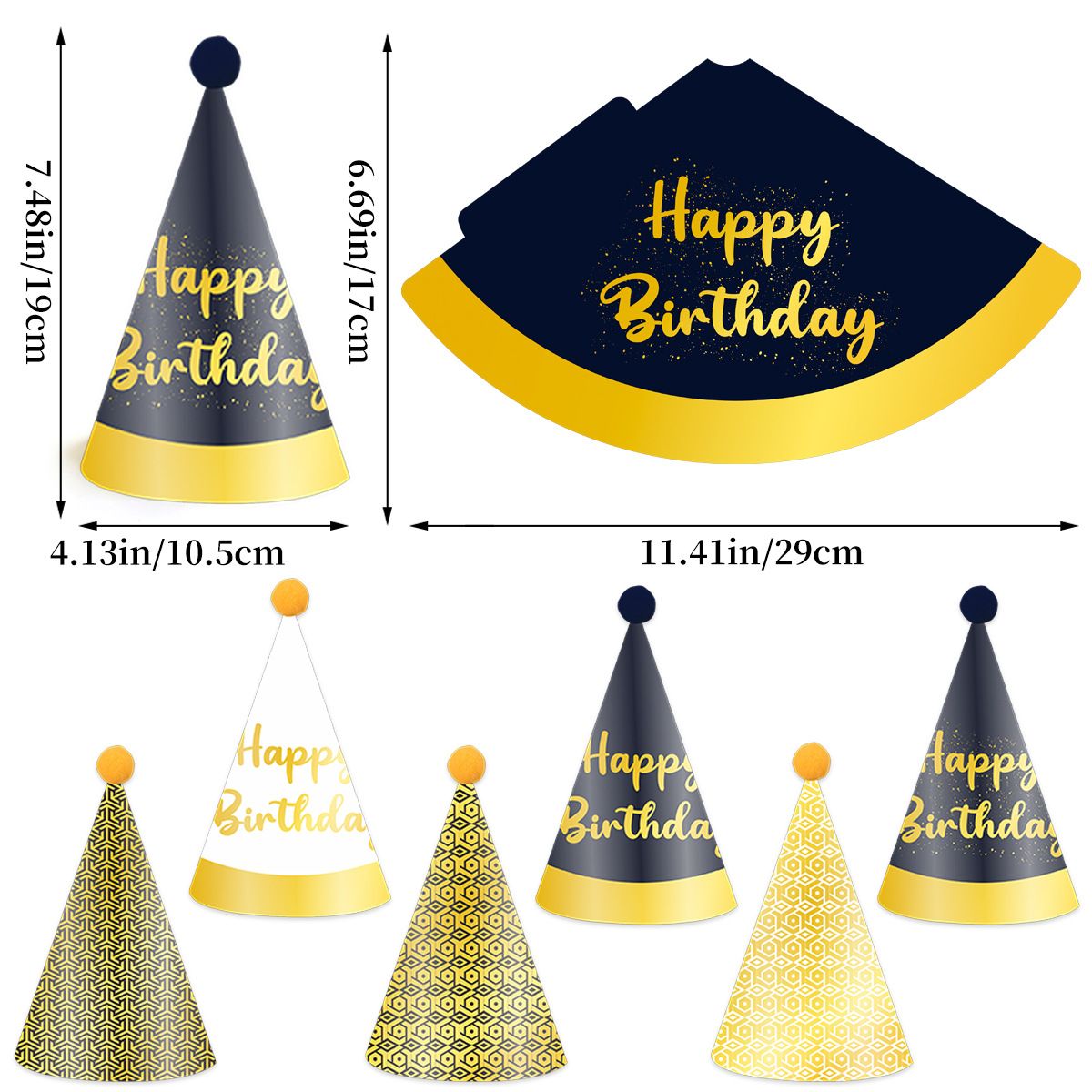 12-piece Kids Birthday Party Hats Set - Gold Pink and Black Paper Cone Hats with Pom Pom Tops, Fun Party Table Decorations, Celebration Accessories for Birthday Events and Themed Gatherings