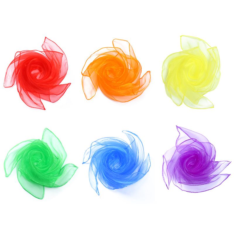 6-piece 60*60 cm(Red and Orange and Yellow and Green and Blue and Purple) Kids Magic Scarf Set - Colourful Chiffon Dance Scarves for Performance Play, Lightweight Rainbow Juggling Scarves, Creative Movement and Party Game Props