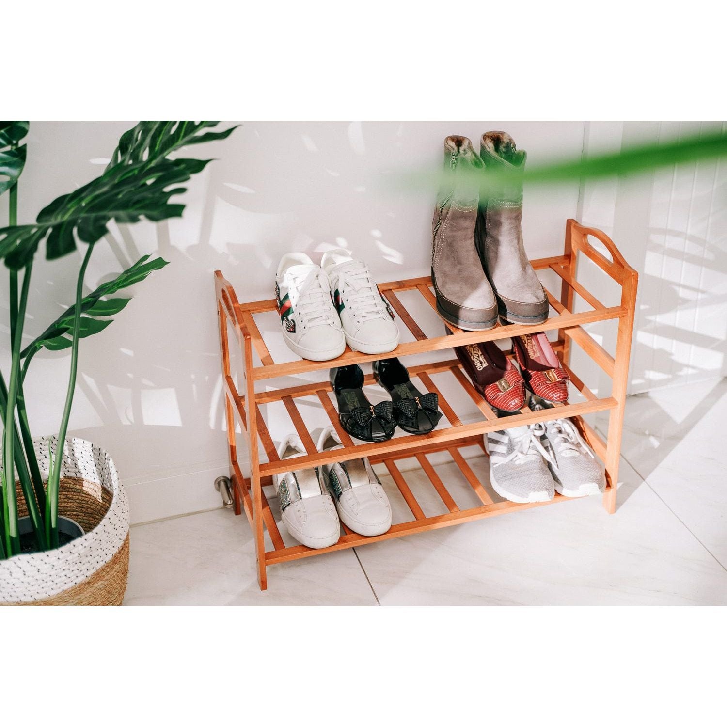 Bamboo 3 Tiers Layers Storage Shoe Rack & Organiser