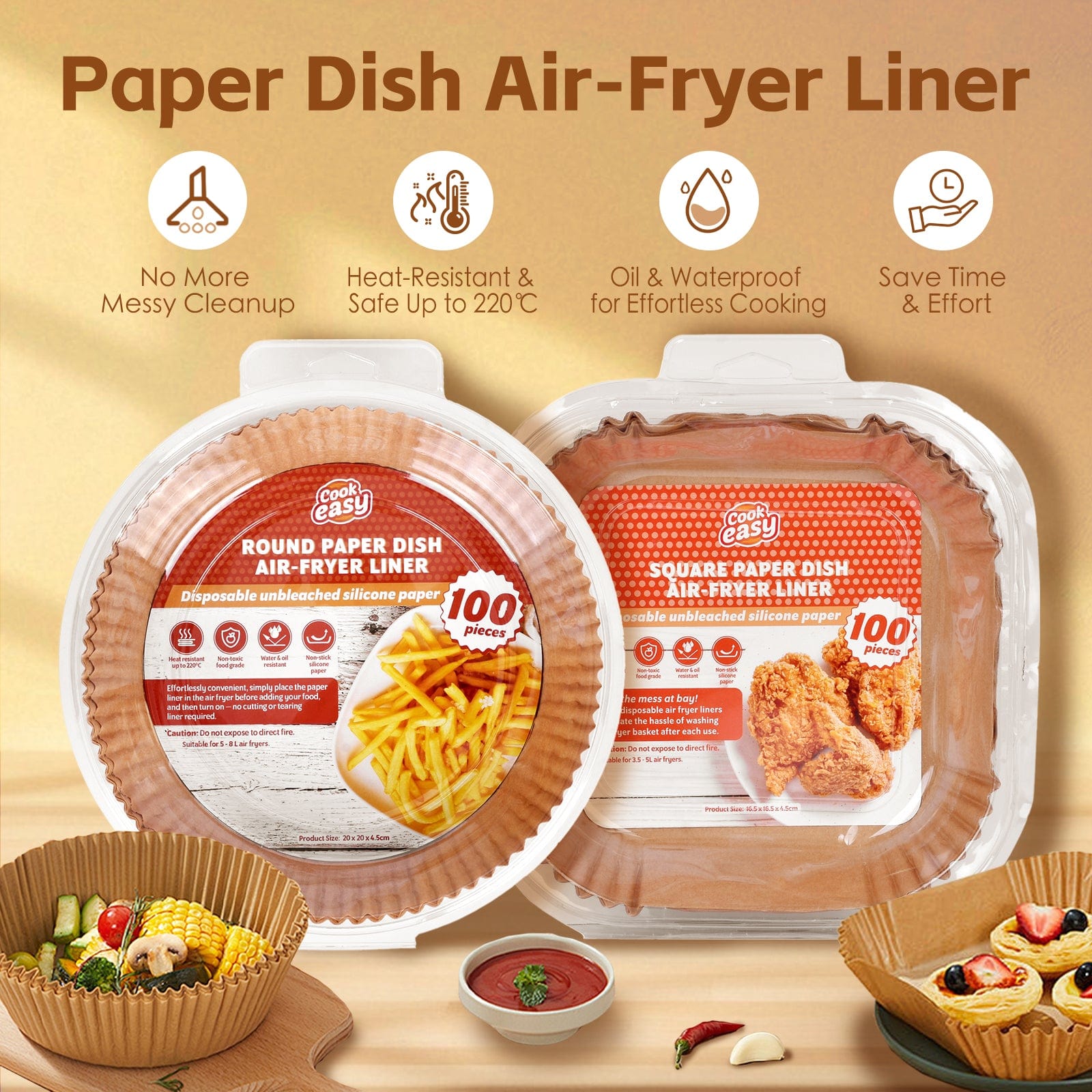 100 Pcs 20cm Square Disposable Unbleached Silicone Paper Dish Air-fryer Liner