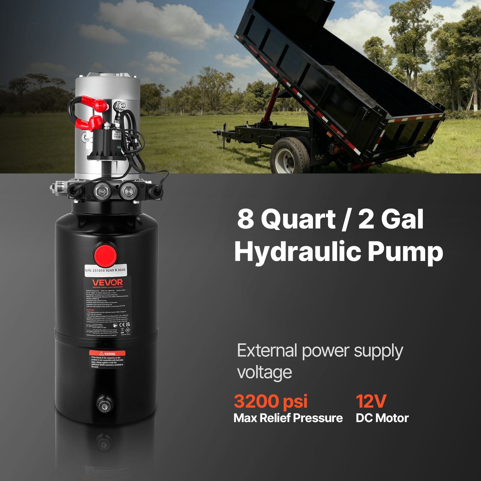 VEVOR 8 L Hydraulic Power Unit, Double Acting Dump Trailer Pump, 22 MPa Max Relief Pressure & 3.4 L/min Flow Rate, DC 12V Hydraulic Pump with Metal Reservoir for Dump Trailer Car Lifting