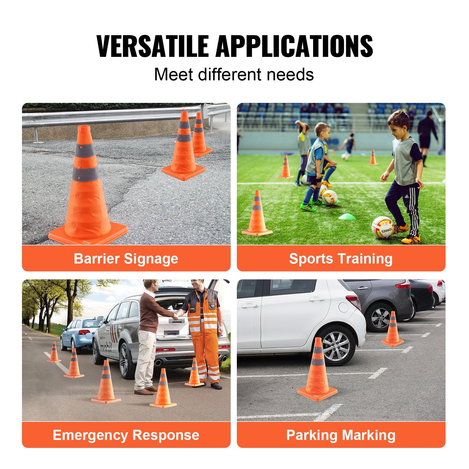 VEVOR Safety Cones, 4 Pack 18 inch Collapsible Traffic Cones, Construction Cones with Reflective Collars, Wide Base and A Storage Bag, for Traffic Control, Driving Training, Parking Lots