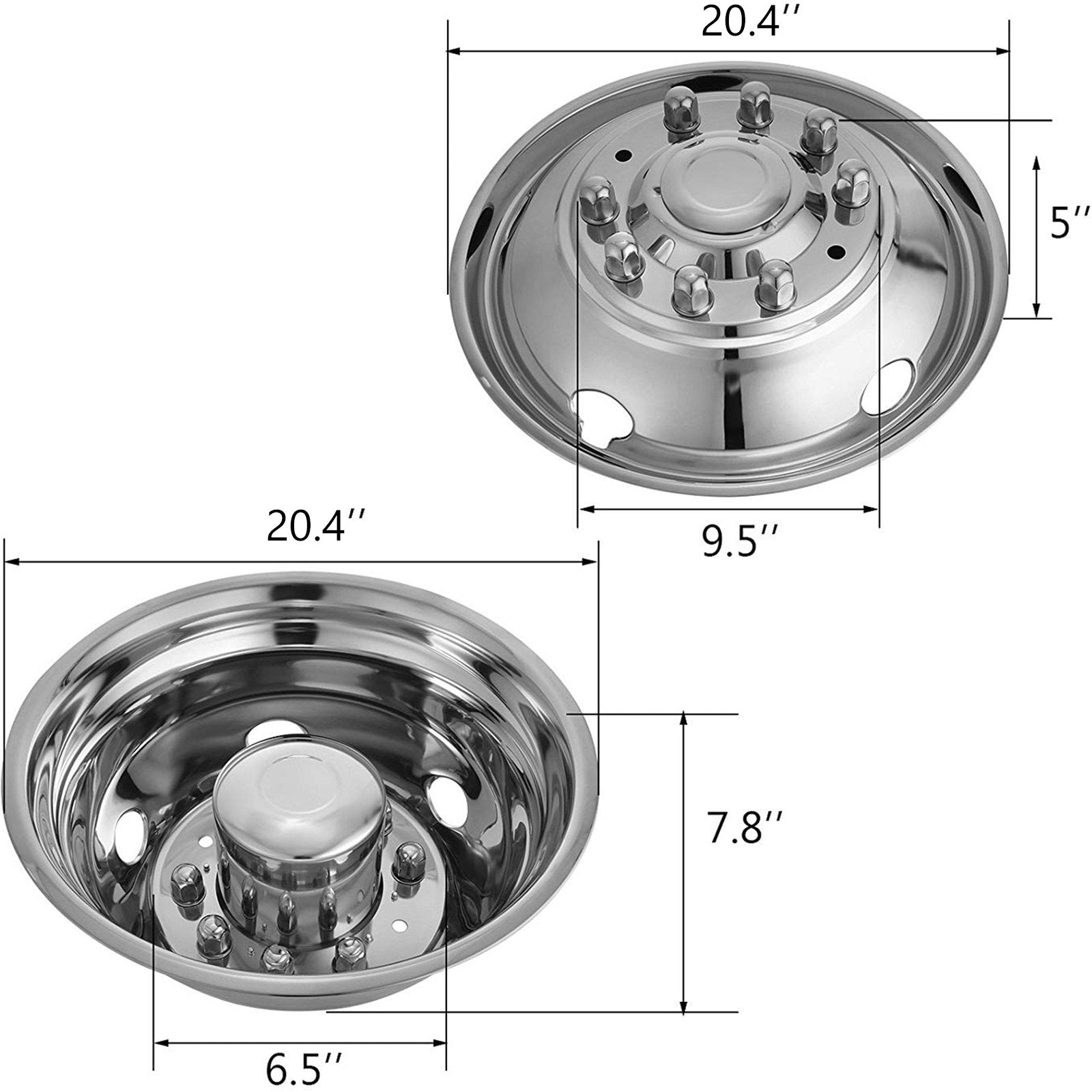 VEVOR Polished 19.5" 10 Lug Wheel Simulators Stainless Steel Bolt Kit Hubcap Kit Fit for 2005-2020 Ford F450/F550 2WD Trunk Dually Wheel Cover Set