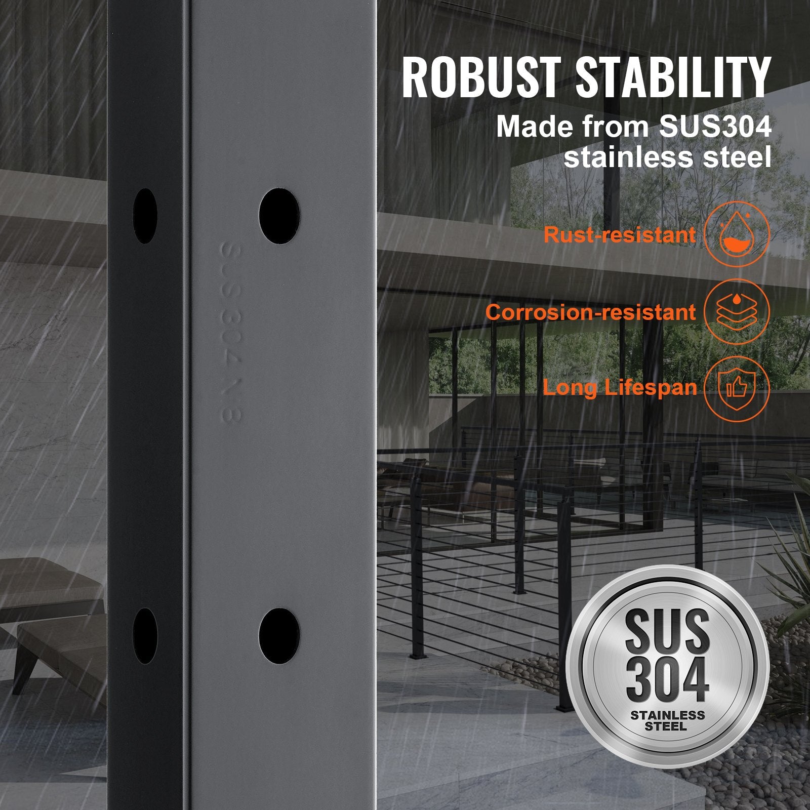 VEVOR Cable Railing Post, 42" x 1" x 2" Steel L-Shaped Hole Corner Railing Post, 12 Pre-Drilled Holes, SUS304 Stainless Steel Cable Rail Post with Horizontal and Curved Bracket, 1-Pack, Black, 106.7*2.5*5 cm